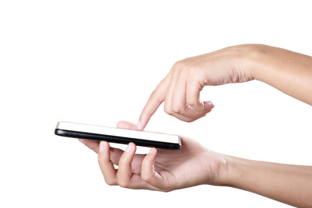 istock Phone in hand touching with finger on white background 1652994867