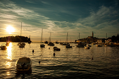 Sunset in Rovinj. A town in Croatia on the Istrian peninsula. View of the harbor with yachts.