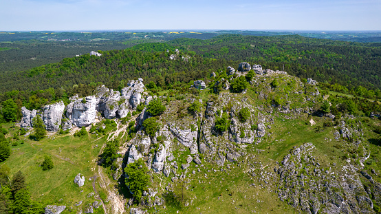 Mount Zborow -\nrocky hill within Kroczyce village in Silesian Voivodeship, Poland. Limestone rocks