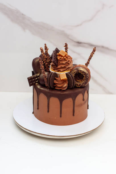 istock Elegant chocolate birthday cake with chocolate ganache, cupcake, popsicles, sweets, chocolate bars, waffles, donuts and cookies 1653076861