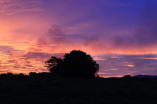The sky displays a beautiful orange hue during sunrise or sunset.
