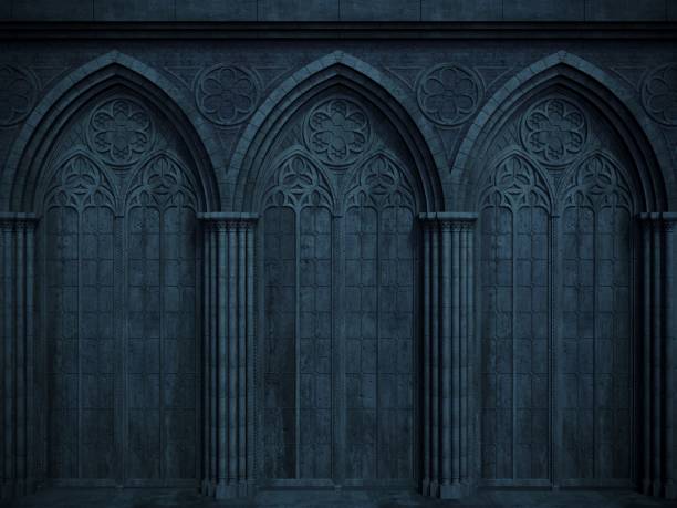 Abandoned night castle with a large gothic window or crypt