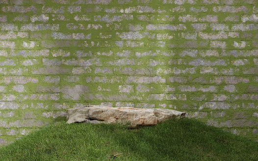 Mock up rock stone on old brick walls with moss, 3d illustrations rendering