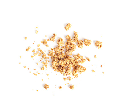 Granola Pile Isolated, Scattered Muesli Breakfast, Crunchy Cereal Breakfast, Oatmeal Muesli with Seeds and Grains, Healthy Diet Food, Granola on White Background Top View