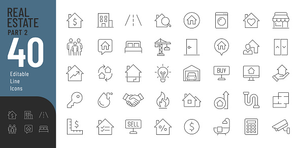 Vector illustration in modern thin line style of icons related to real estate transactions, types of real estate, amenities, and other features. Isolated on white.