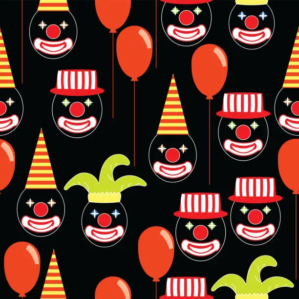 Vector illustration of Seamless pattern with round clown faces with shining eyes wearing party hats