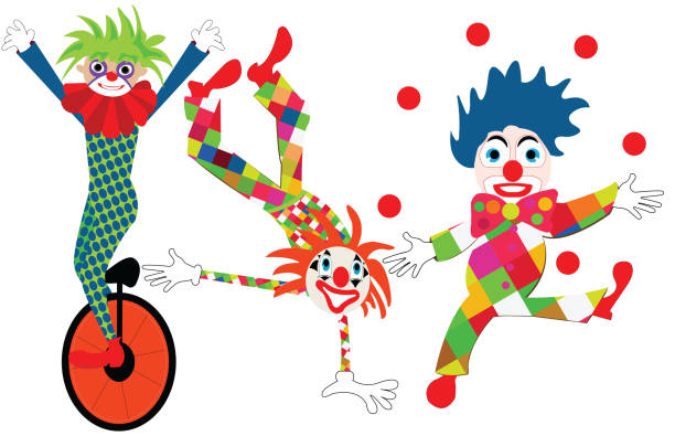 ilustrações de stock, clip art, desenhos animados e ícones de three clown characters making tricks - jester harlequin fool making a face