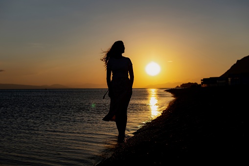 Silhouette of a woman standing on a beach at sunset, with an idyllic ocean landscape in the background