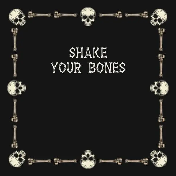 Vector illustration of Square frame made of broken bones, human skull