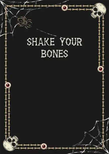 Vector illustration of Vintage frame made of bones, creepy red eyeball, human skull, spiderweb. Good for Halloween, Dia de Muertos holiday decoration. Template for menu, poster, invitation etc