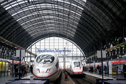 InterCity white train of Deutsche Bahn on platform of Frankfurt am Main station, passengers with luggage, backpack go to board train, concept boarding travelers in cars, Frankfurt - January 25, 2022