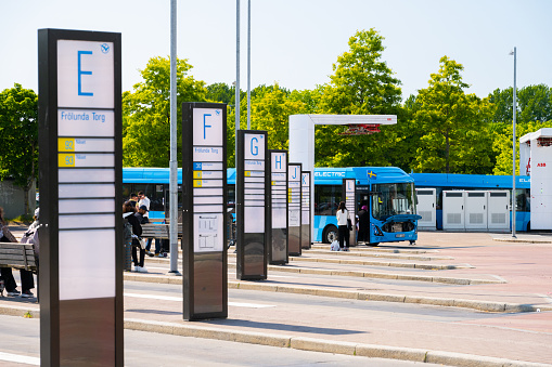 Gothenburg, Sweden - June 03 2023: Electric bus at the bus terminal at Frölunda Torg.