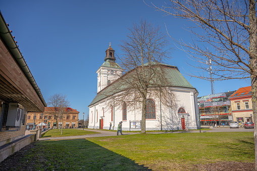 Varberg, Sweden - April 01 2023: Exterior of Varberg church in spring.