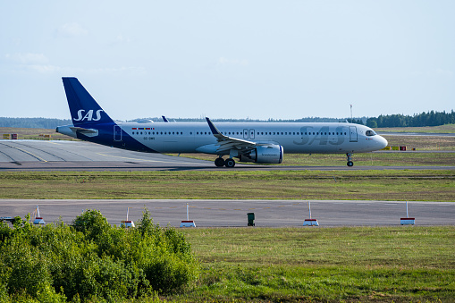 Landvetter, Sweden - May 28 2023: SAS Airbus A321-253NX SE-DMS taxing for take off from Landvetter GOT.