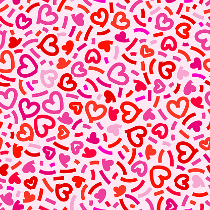 Red love heart seamless pattern illustration. Cute modern romantic pink hearts background print. Valentines day holiday backdrop texture, romantic wedding design