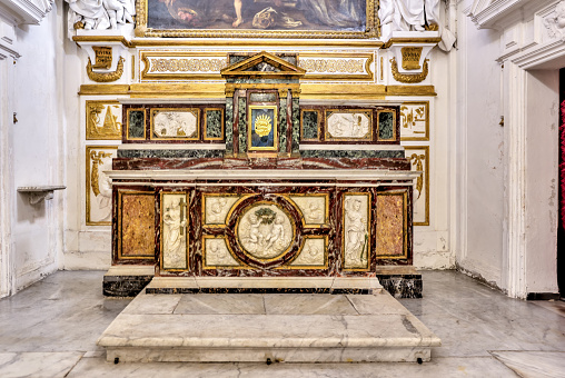Palermo, Italy - July 18, 2022: Interior details and sculptures of the Oratorio del Rosario di Santa Cita in Palermo