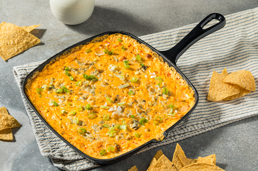 Homemade Warm Buffalo Chicken Dip with Cheese and Chips