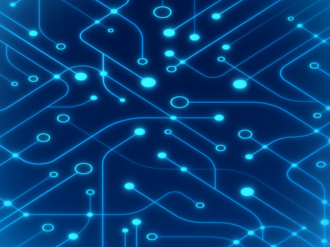 Artificial intelligence glowing circuit board technology modern background abstract.