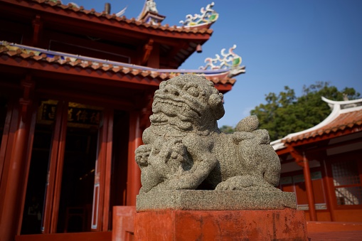 An imperial guardian lion in front of Tainan Confucian Temple on Nanmen Road in West Central District, Tainan, Taiwan.