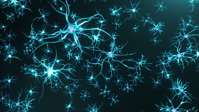 Animation neurons in the brain.Synapse and Neuron cells sending electrical chemical signals. Activity of electrical impulses synapses, axons, neurotransmitters, dendrites in the brain, 4K 3D Animation