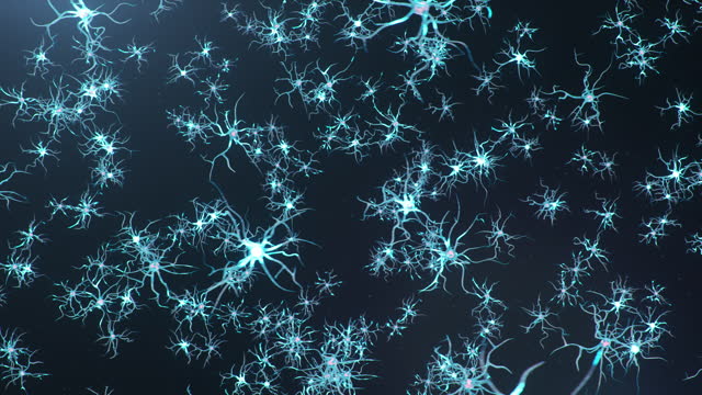 Animation neurons in the brain.Synapse and Neuron cells sending electrical chemical signals. Activity of electrical impulses synapses, axons, neurotransmitters, dendrites in the brain, 3D Animation