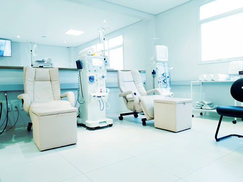 Photo of hemodialysis machines, in a hospital.