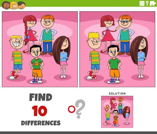 Vector illustration of differences game with cartoon school children characters