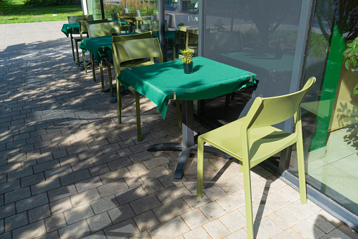 Street Restaurant Table, Empty Cafe Tables, Bistro Seat, Bar Terrace, Outdoor Restaurants, Cafeteria, Outside Trattoria, City Coffee Shops Furniture, Summer Street Table