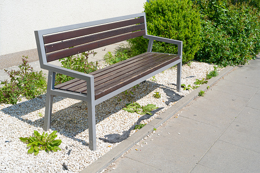 New Modern Bench in Park, Outdoor City Architecture, Wooden Benches, Outdoor Chair, Urban Public Furniture, Empty Plank Seat, Comfortable Bench in Recreation Area