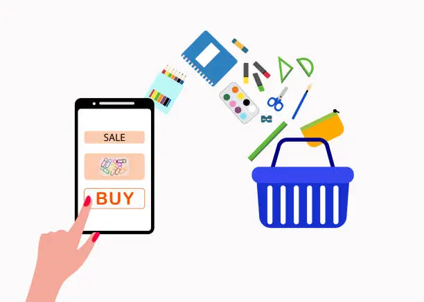 Vector illustration of Back To School Shopping Cart With Materials On White Background,online shopping, enjoy discounts