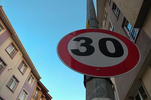 Road sign at the highway - indicates the distance to the next petrol station (500 meters), german highway sign - large copy space