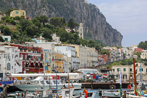 Capri, Italy - June 26, 2014: Moored Fishing Boats in Port Marina Grande at Island Summer Day.