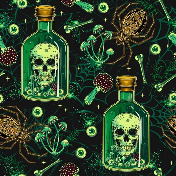 人間の頭蓋骨、眼球、キノコが入った緑色の毒のガラス瓶を持つハロウィーンの模様。歪んだクモの巣に金色のロボットクモを這うハロウィーンのクレイジーで不気味な、不気味なイラスト - fungus science bottle glass点のイラスト素材／クリップアート素材／マンガ素材／アイコン素材