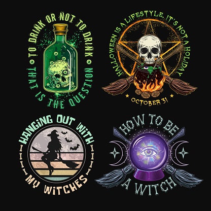 Labels with cauldron, skull, bottle with green potion, magic ball, criss crossed brooms, pentagram sign, magic ball, wiccan signs, text. Colorful witchy illustrations on black in vintage style