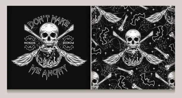 Vector illustration of Halloween pattern, label with witch cauldron with bubbling potion, half skull, criss crossed brooms, silhouette of bat, distorted silhouette of spider web, bones, little stars