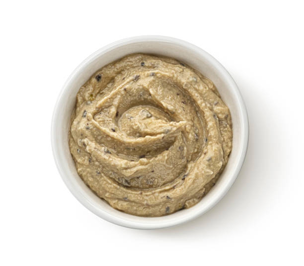Champignon dip, mushroom pate isolated on white background, top view