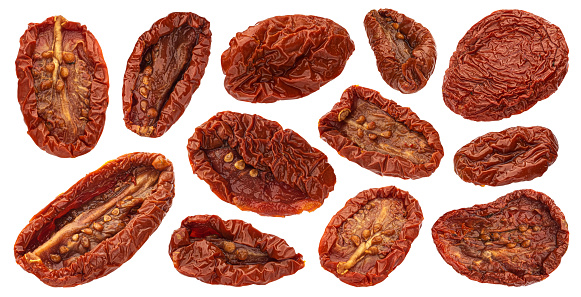 Canned sun dried tomatoes in olive oil isolated on white background with clipping path, full depth of field