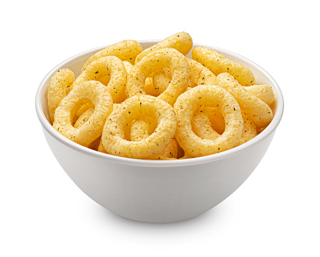 Crispy onion rings in bowl isolated on white background with clipping path