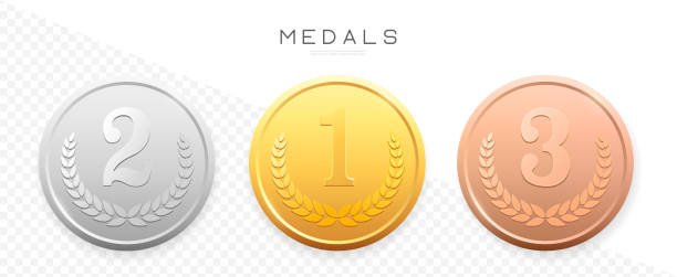 Gold, Silver, Bronze medals set. Vector realistic badge with First, Second, Third placement. Round achievement label. Winner Prize. Competition Trophy Gold, Silver, Bronze medals set. Vector realistic badge with First, Second, Third placement. Round achievement label. Winner Prize. Competition Trophy medallist stock illustrations