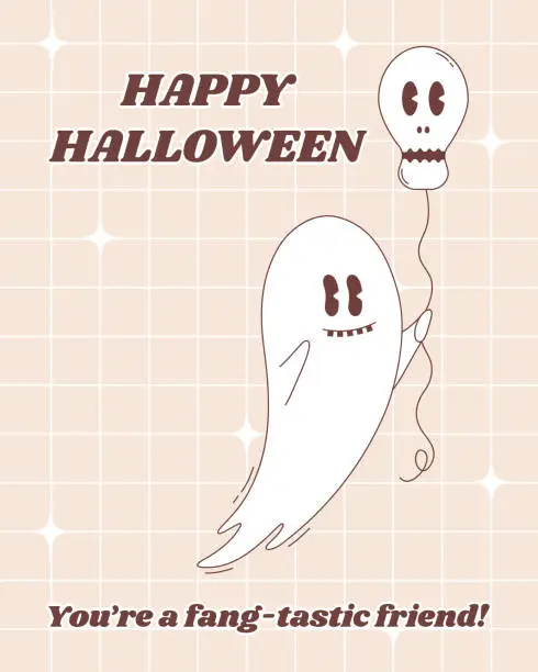 Vector illustration of Halloween greeting card in groovy style with cute flying ghost character with skull balloon.