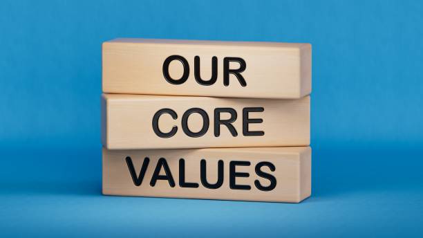 istock Our core values symbol. Concept words 'Our core values' on wooden blocks, businessman hand. Business and our core values concept. Copy space.3D rendering on blue background. 1653815292