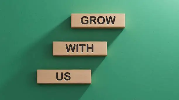 Photo of Grow with us symbol. Wooden blocks with words Grow with us.Business and Grow with us concept. Copy space.3D rendering on green background.