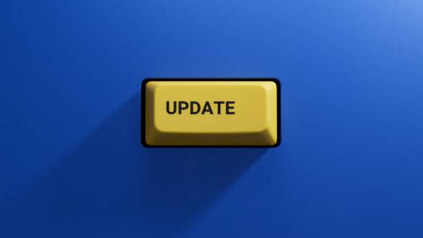 istock update.3D illustration of button of keyboard of a modern computer.Light yellow button.3D rendering on blue background. 1653816734