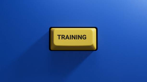 istock Training.3D illustration of button of keyboard of a modern computer.Light yellow button.3D rendering on blue background. 1653841088