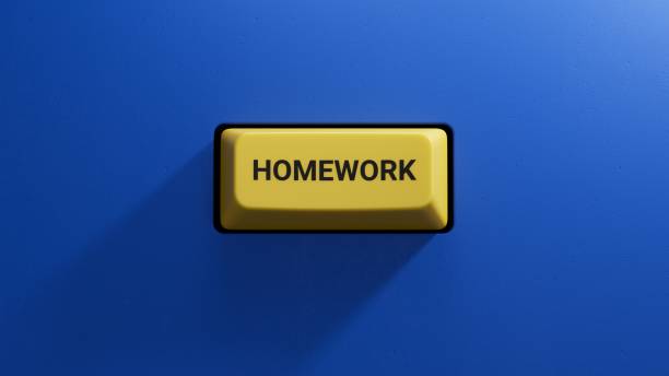 istock Homework.3D illustration of button of keyboard of a modern computer.Light yellow button.3D rendering on blue background. 1653841090