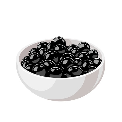 Vector illustration, black tapioca pearls in a bowl, for bubble milk tea drink, isolated on white background.