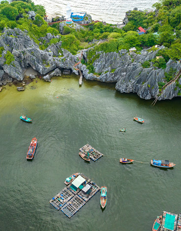 Abstract aerial photo of limestone island with blue sea typical of the island waters of Southwest Vietnam, tropical island, Nghe island, Kien Giang province