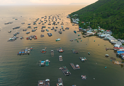 Aerial view of Cobia farming village of fishermen in the southwest coast of Vietnam, Nghe island, Kien Giang province