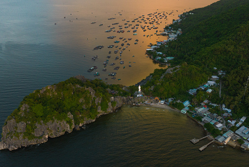 Charming landscape with gentle Buddha statue overlooking the sea, Kien Giang province, Nghe island, Ha Tien archipelago