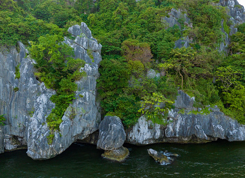 Landscape of limestone mountains and overgrown trees, Nghe island, Kien Giang province